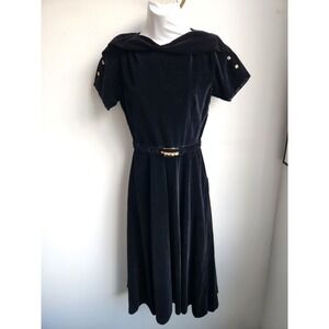 Vintage Pam Rogers Black Velvet Dress‎ Rhinestone Belt Short Sleeve Midi
